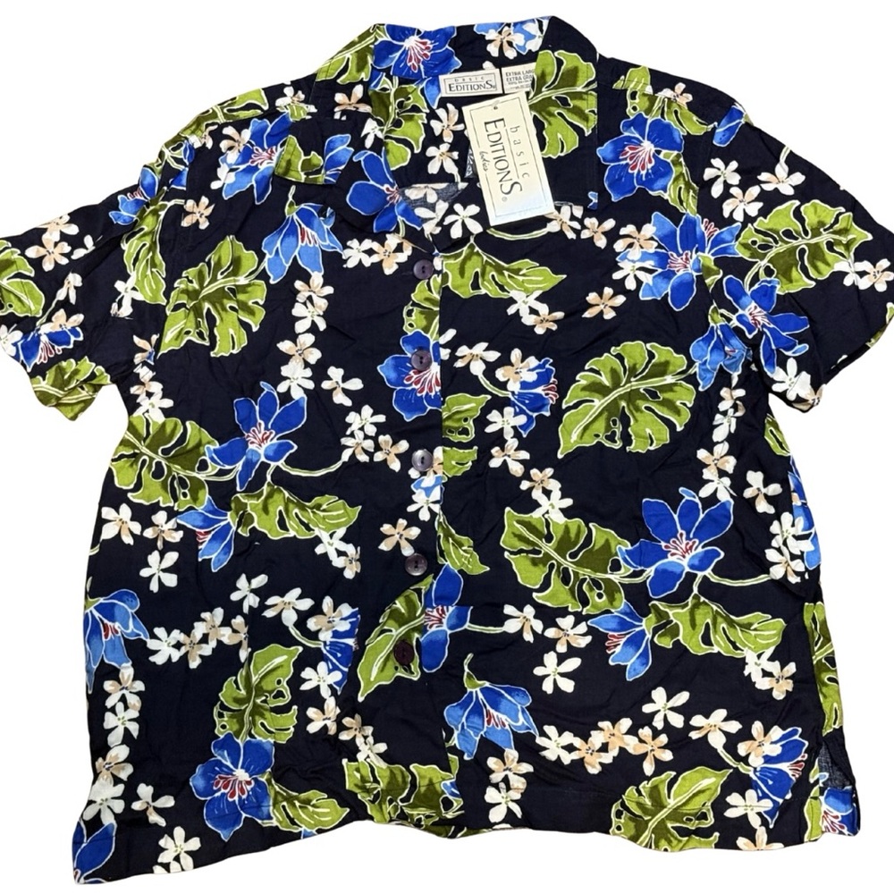Vintage NWT Basic Editions XL Rayon Tropical Floral Button Up